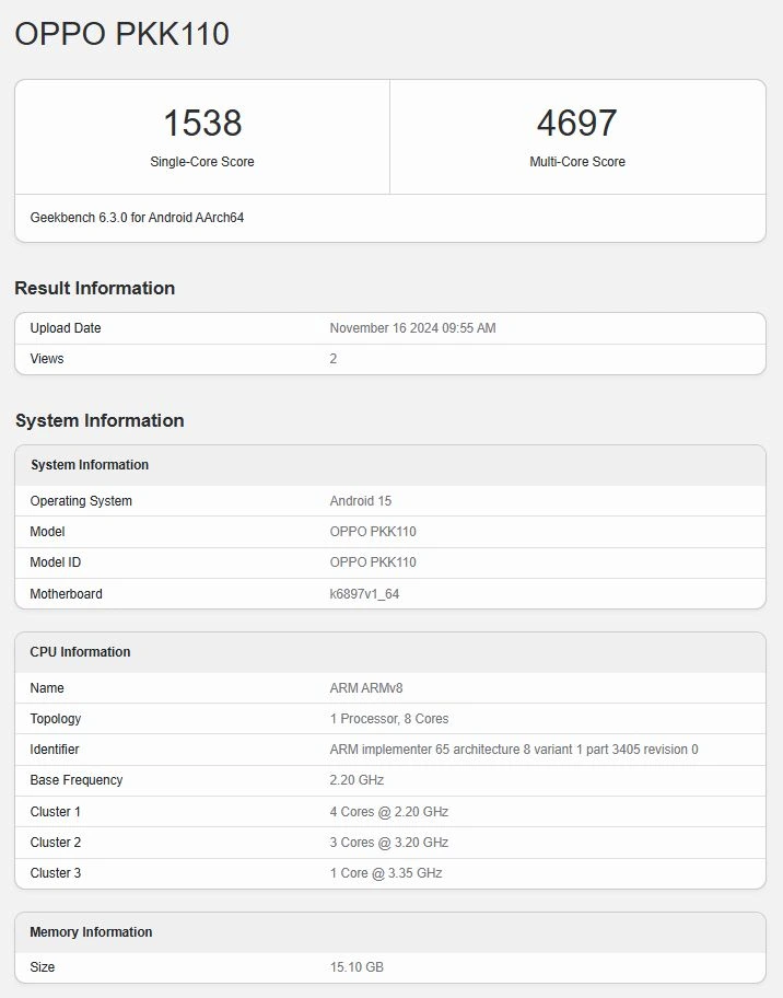 Oppo Reno 13 Series GeekBench Score