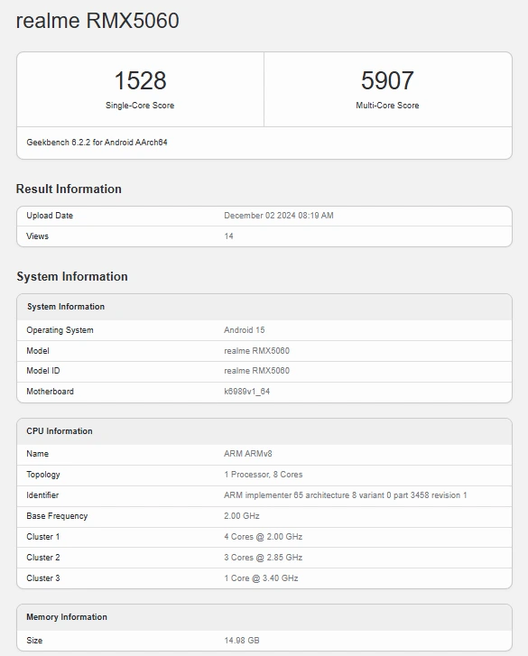 Realme Neo 7 GeekBench AnTuTu Score